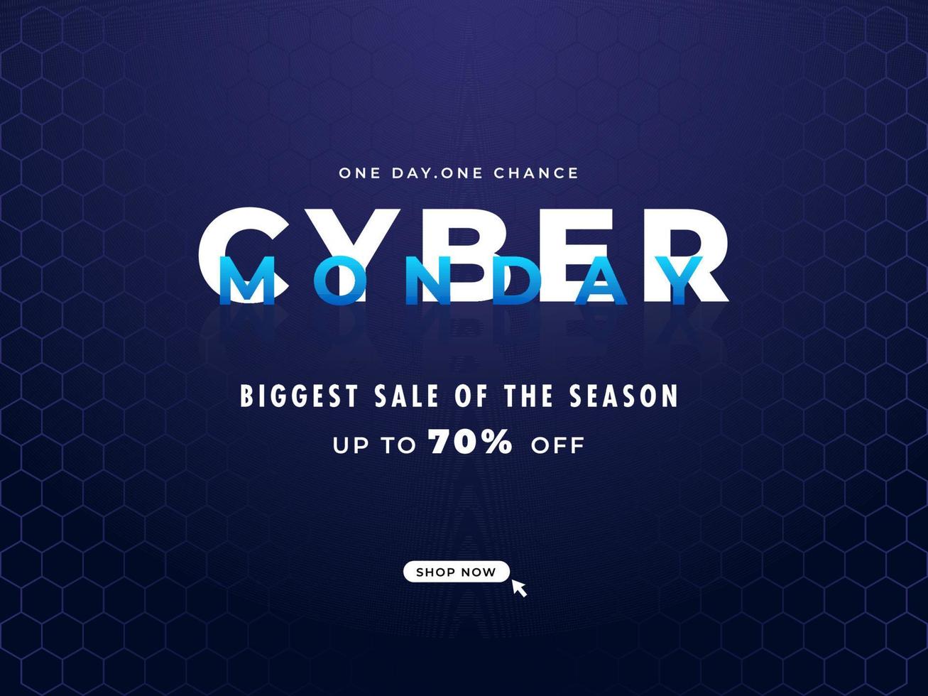 Cyber Monday Biggest Sale Poster Design with Discount Offer on Blue Hexagon Pattern Background. vector