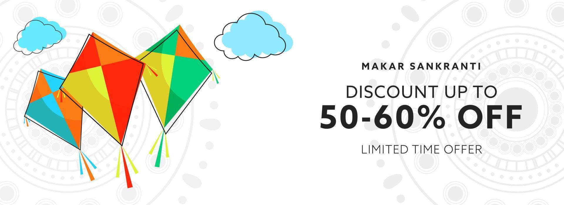 Makar Sankranti Sale Header Or Banner Design With Discount Offer And Kites On White Mandala Pattern Background. vector
