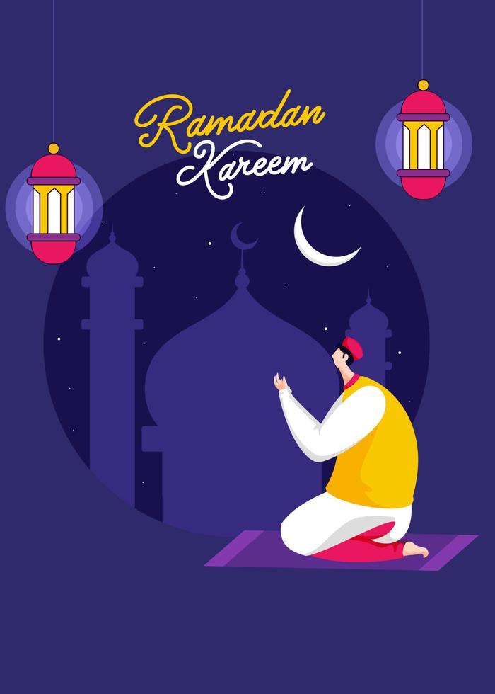 Illustration of Muslim Man Offering Namaz with Crescent Moon, Hanging Illuminated Lanterns on Purple Mosque Background. vector