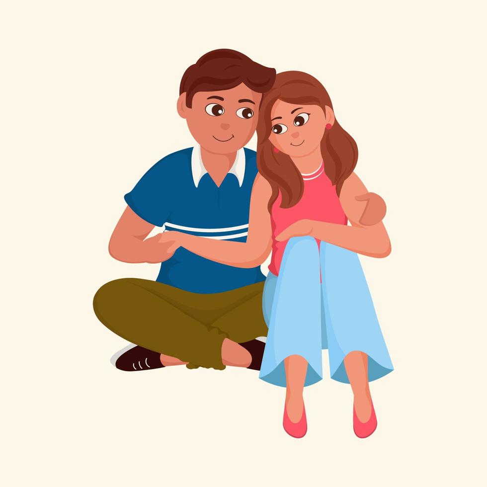 Romantic Young Couple Character Sitting Together On Beige Background. vector
