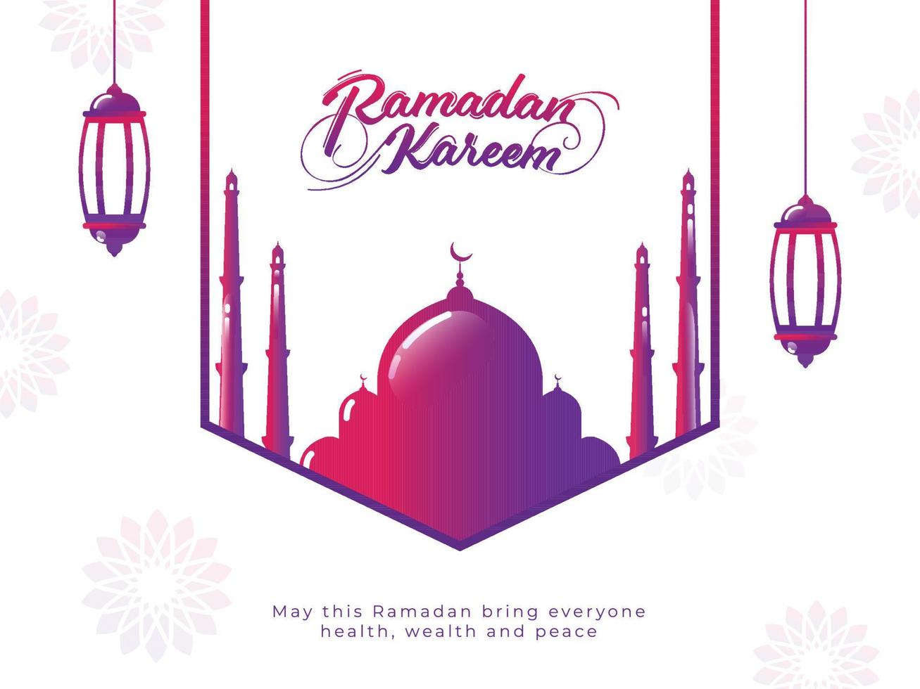 Islamic Holy Month of Ramadan Kareem Concept with Beautiful Mosque and Hanging Lanterns on White Background. vector