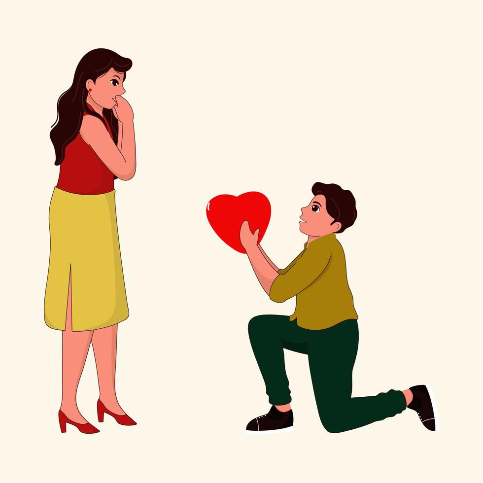 Illustration Of Young Boy Character Proposing To Girl On Kneeling Holding Heart In Hand On Beige Background. vector