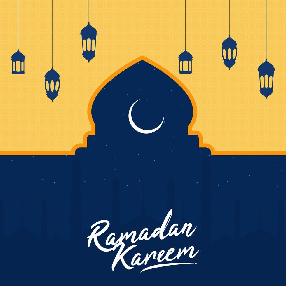 Islamic Holy Month of Ramadan Kareem Concept with Hanging Lanterns, Mosque Silhouette on Yellow and Blue Background. vector