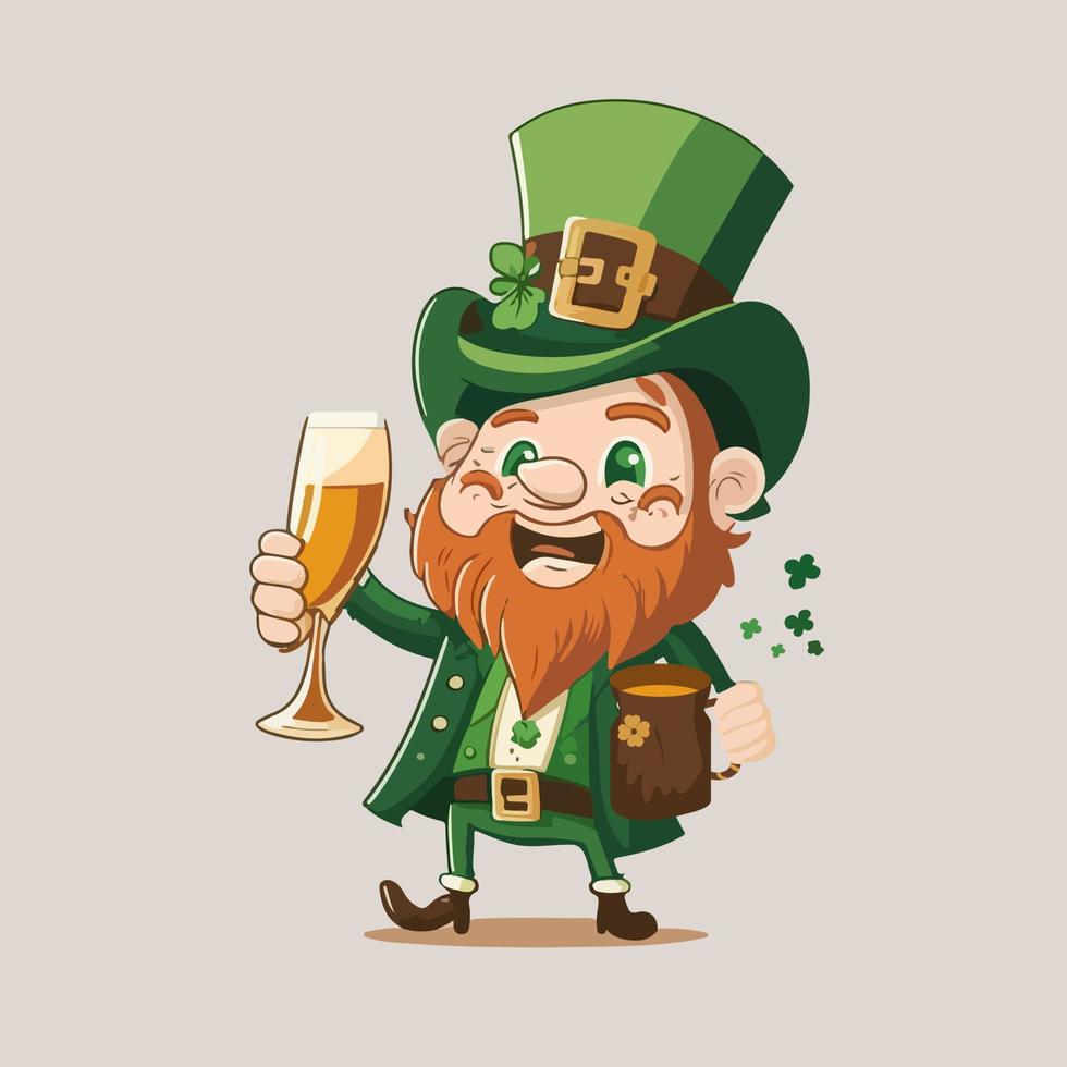 Cheerful Leprechaun Man Character Enjoying Drinks In Standing Pose. St. Patrick's Day Concept. vector