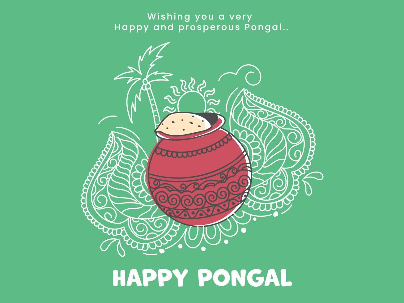 Vector Illustration Of Pongali Rice In Mud Pot With White Line Art Coconut Trees, Sun, Floral Pattern On Green Background For Pongal Celebration.