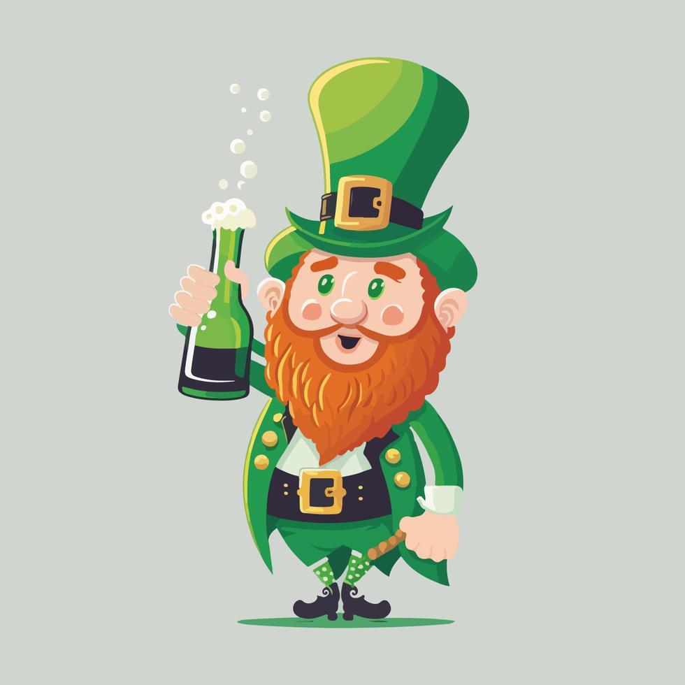 Funny Leprechaun Man Character Holding Beer Bottle In Standing Pose On Gray Background. St. Patrick's Day Concept. vector