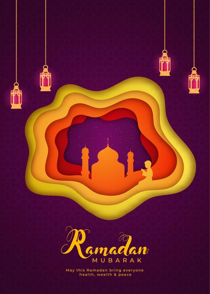 Islamic Holy Month of Ramadan Mubarak Concept with Hanging Lanterns, Mosque on Layered Paper Background. vector