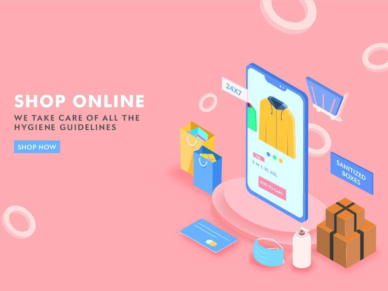 Online Shopping from 3D Smartphone with Carry Bags, Sanitized Boxes, Safety Mask and Payment Card on Pink Background. vector