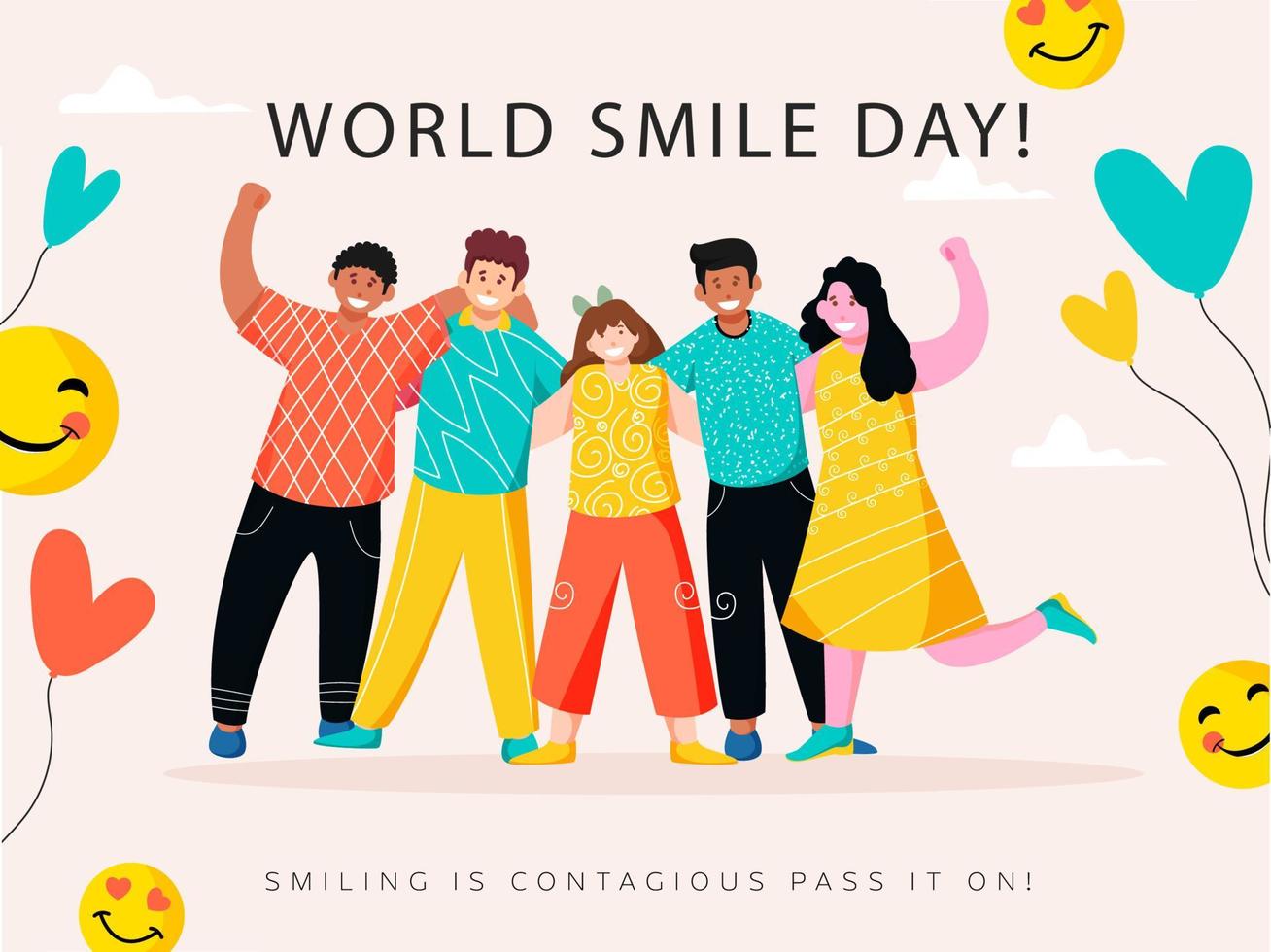 grupo de alegre joven Niños y muchachas en pie juntos con dado mensaje sonriente es contagioso pasar eso en para mundo sonrisa día. vector