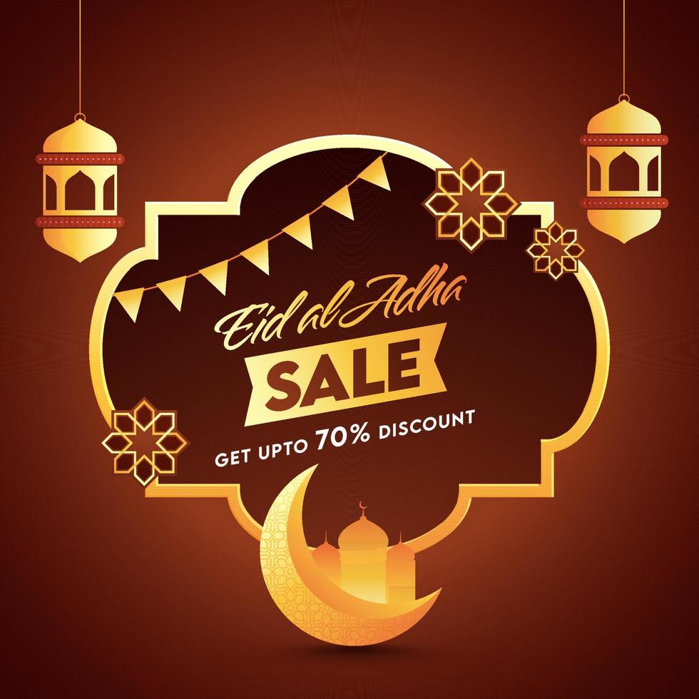 Eid Sale Poster Design with Discount Offer, 3D Golden Crescent Moon, Mosque and Hanging Lanterns on Brown Background. vector