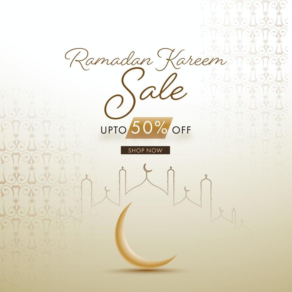 Islamic Holy Month of Ramadan Sale Concept with Crescent Golden Moon and Line-art Mosque on Beige Background. vector