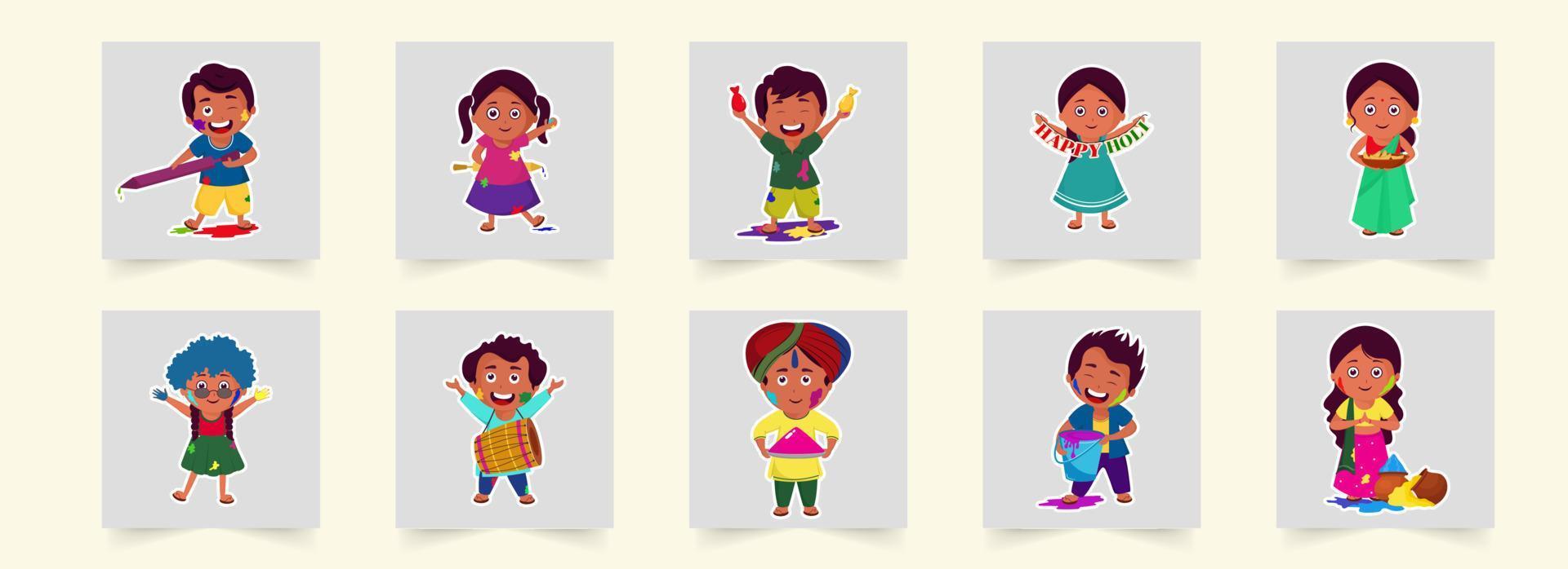 Sticker Style Cheerful Indian Kids or People Celebrating Holi Festival. vector