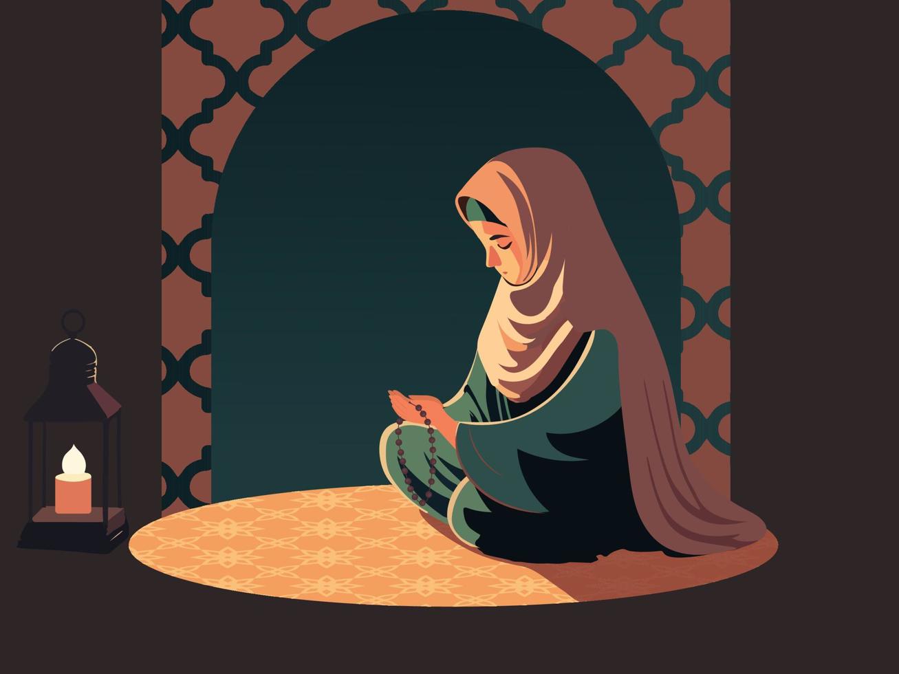 Muslim Young Woman Character Praying With Hold Tasbih On Round Mat With Lit Arabic Lamp And Copy Space. Islamic Festival Concept. vector
