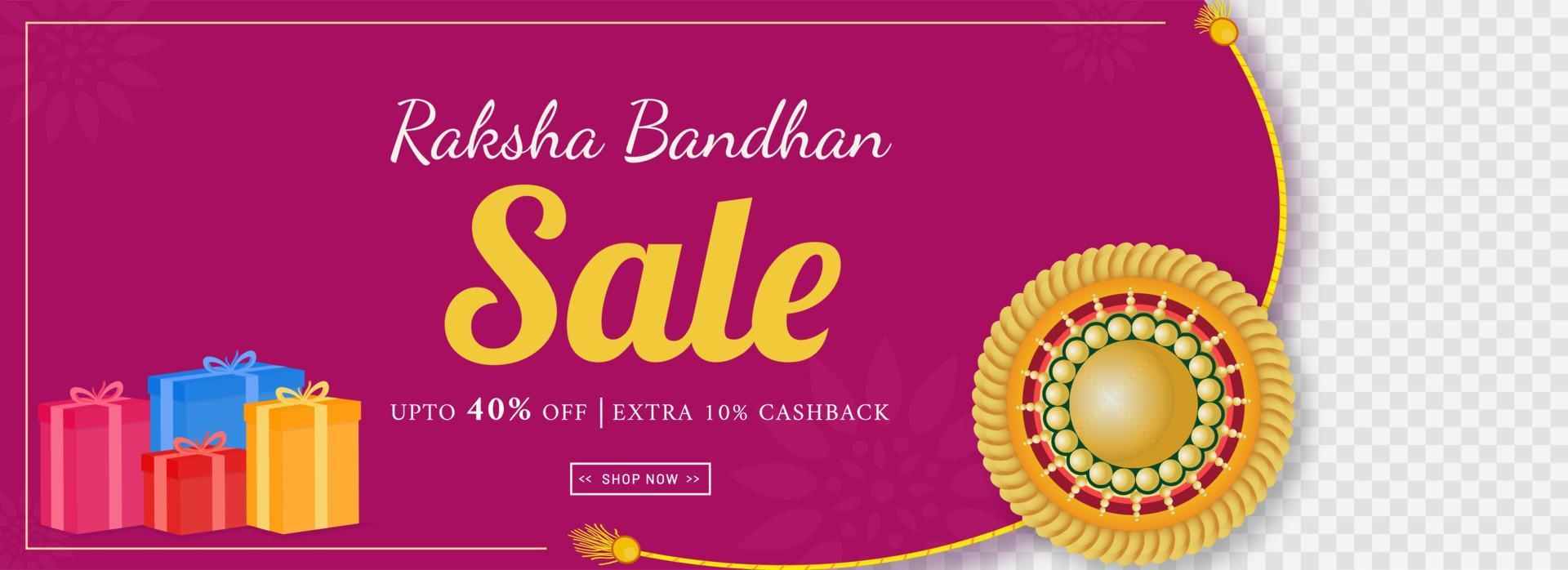 raksha Bandhan rebaja encabezamiento o bandera diseño con descuento oferta, extra devolución de dinero, dorado rakhi y regalo cajas en rosado y png antecedentes. vector