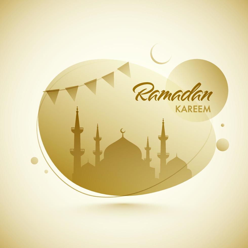 santo mes de Ramadán kareem con mezquita silueta, Luna y verderón banderas en dorado colores. vector