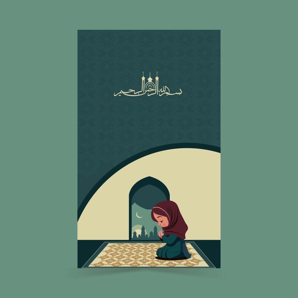 Arabic Islamic Calligraphy of Wishes in the name of Allah, most gracious, most merciful And Muslim Young Girl Offering Prayer On Mat. vector