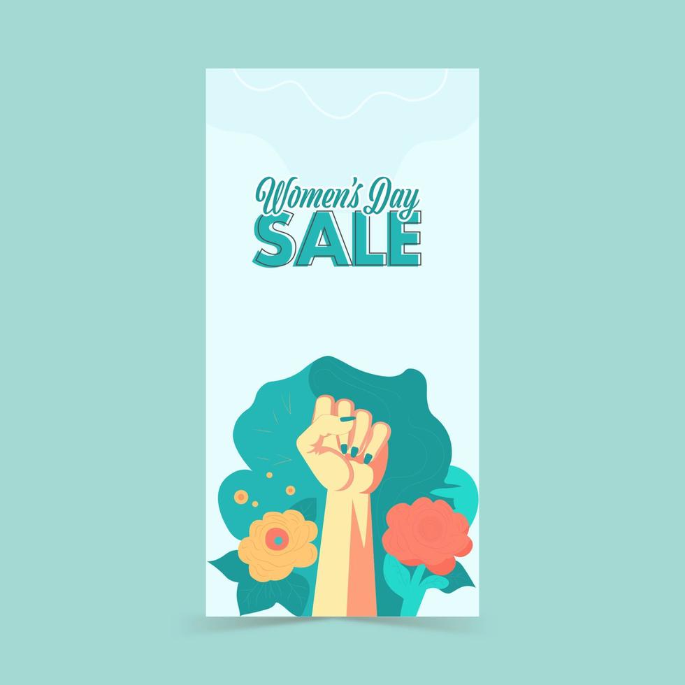 Women's Day Standee Poster Or Banner Design With Fist Raised Hand With Flowers. vector