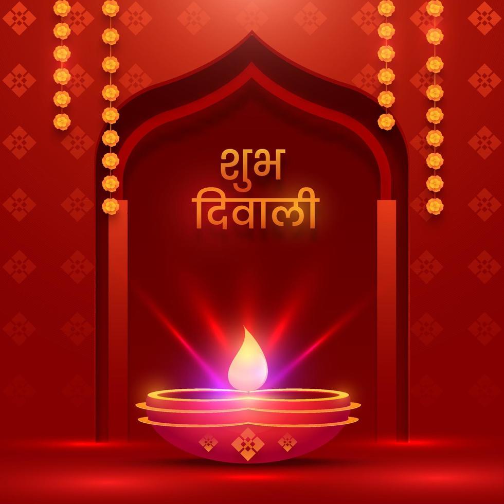 Hindi Lettering of Shubh Diwali with Illuminated Oil Lamp and Marigold Flower Garland Decorated on Red Door Shape Background. vector