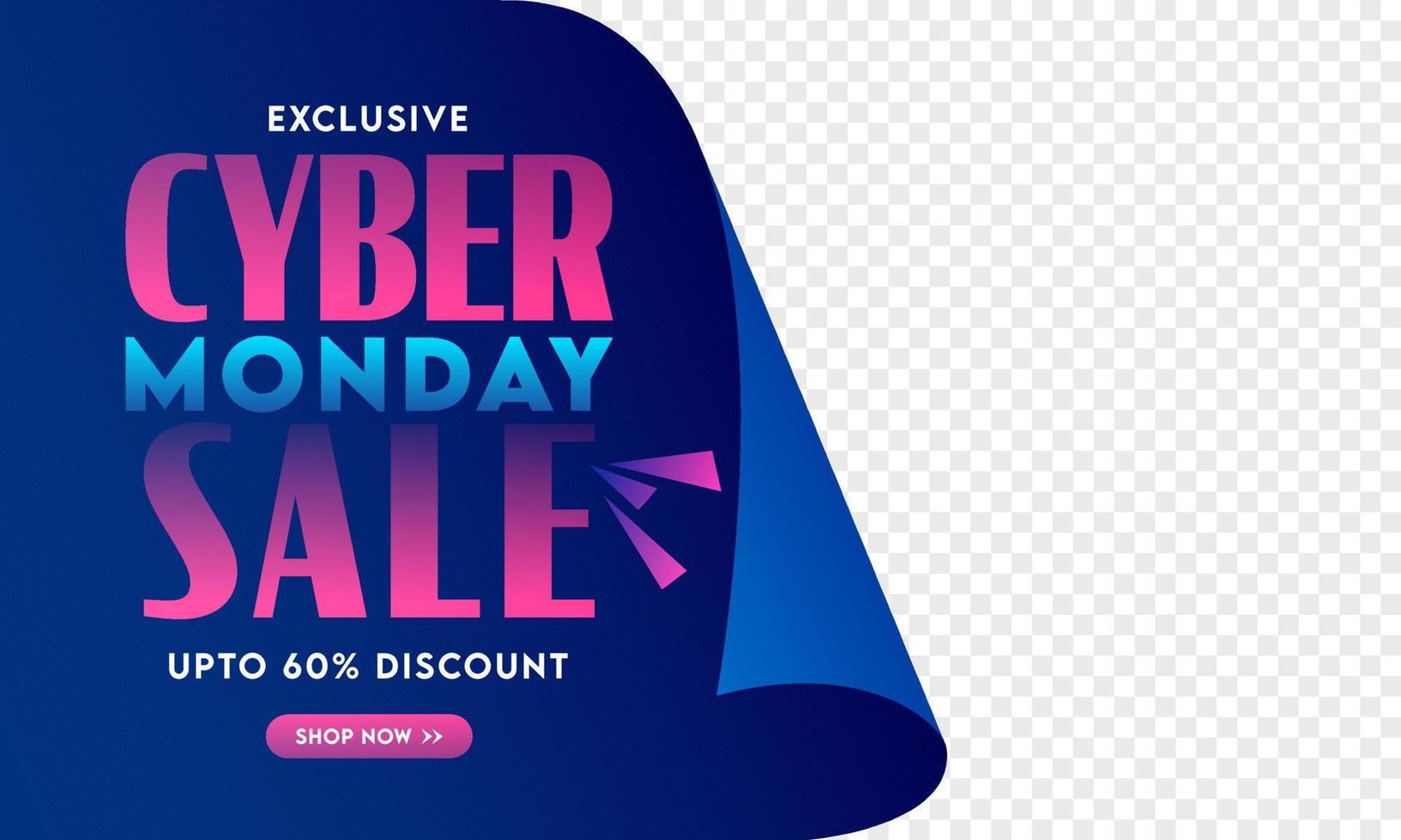 Exclusive Cyber Monday Sale Banner Design with Discount Offer on Blue Curl Paper and Png Background. vector