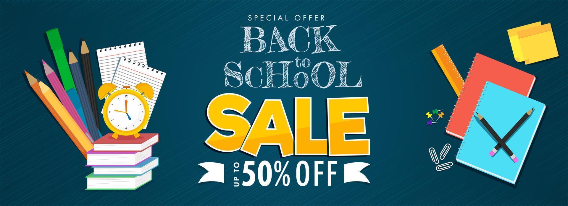 Back To School Sale Header or Banner Design with Discount Offer and Education Supplies Elements on Blue Lines Background. vector