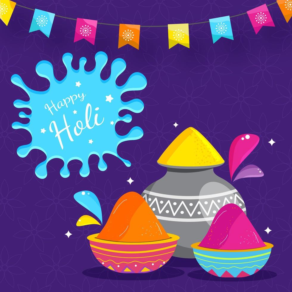Powder in Mud Pot with Bowls and Bunting Flag Decorated on Purple Flower Pattern Background for Happy Holi Celebration. vector
