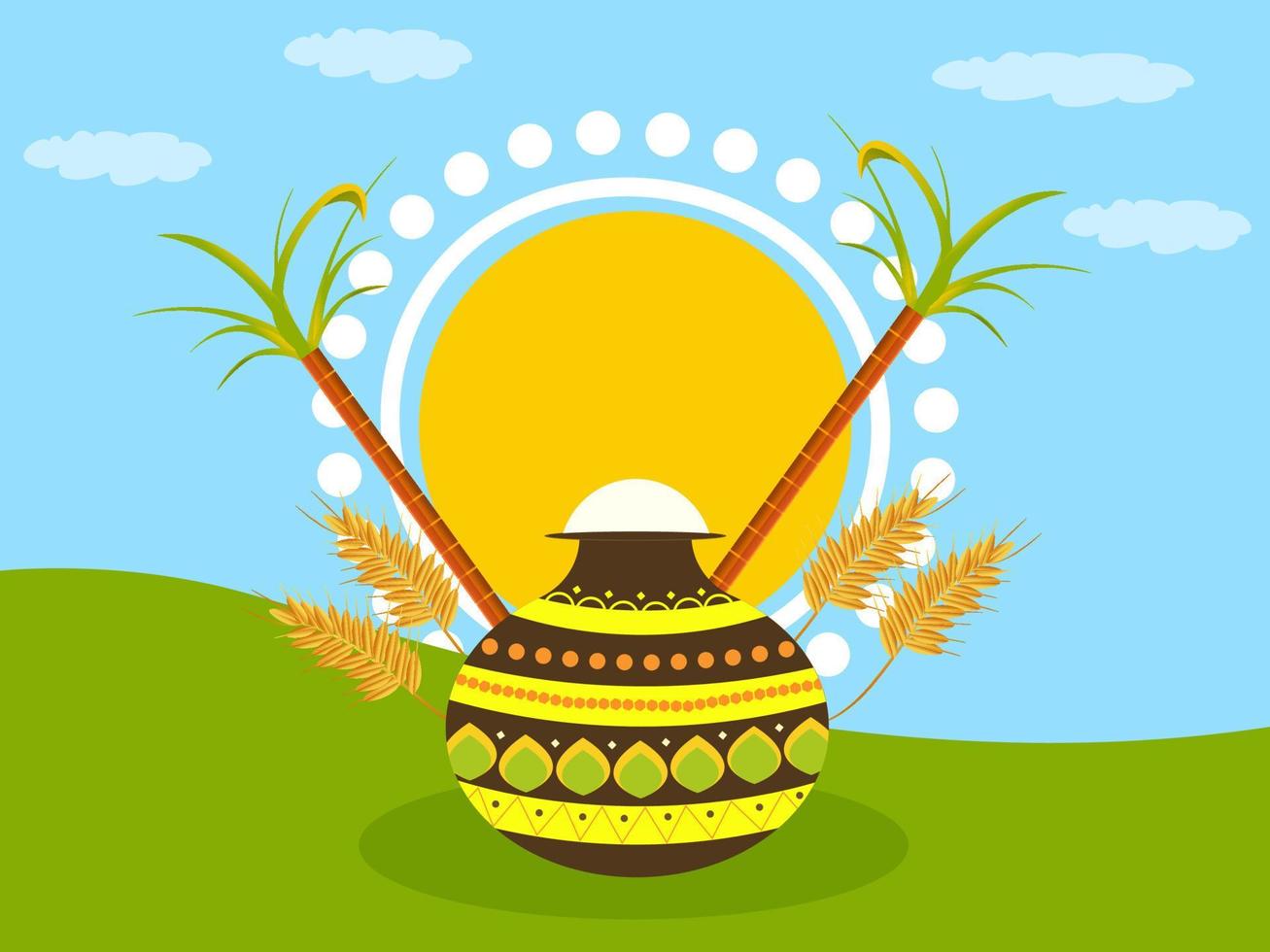 Illustration Of Grain Mud Pot With Wheat Ears, Sugarcane, Sun View On Blue And Green Background. vector