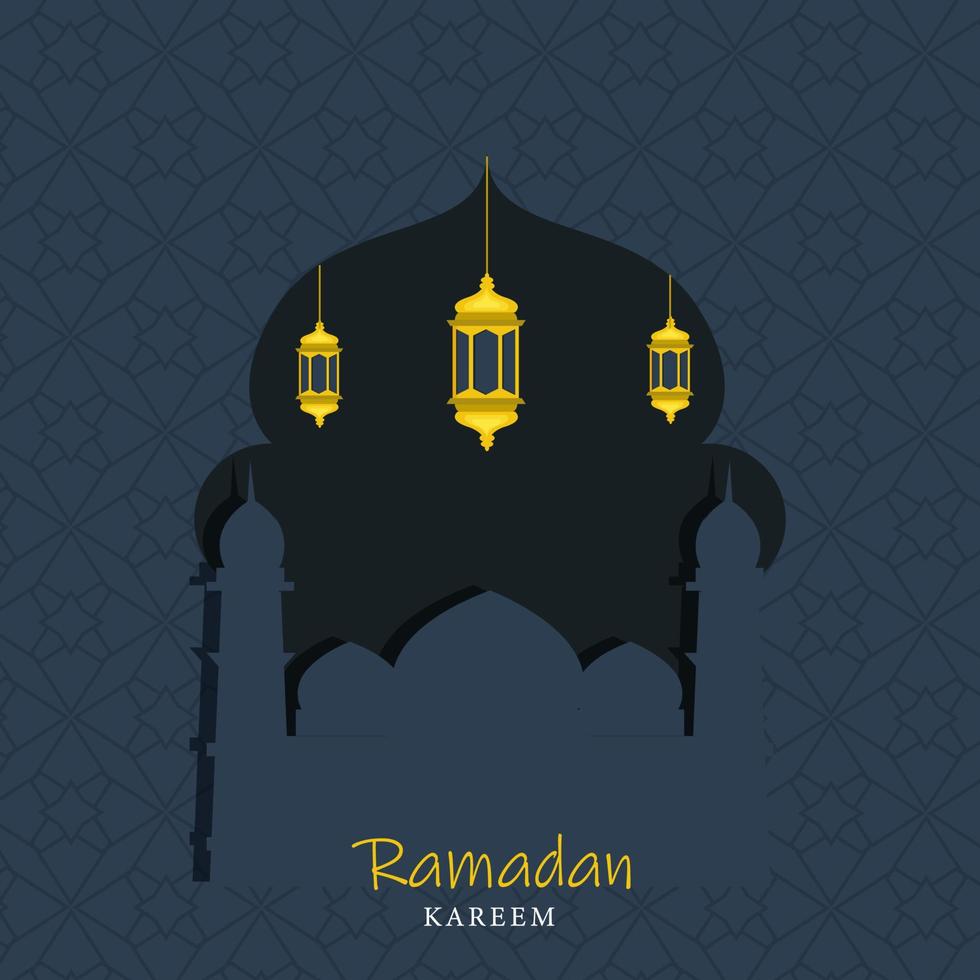 Islamic Holy Month of Ramadan Concept with Hanging Golden Lantern and Mosque on Textured Grey Background. vector