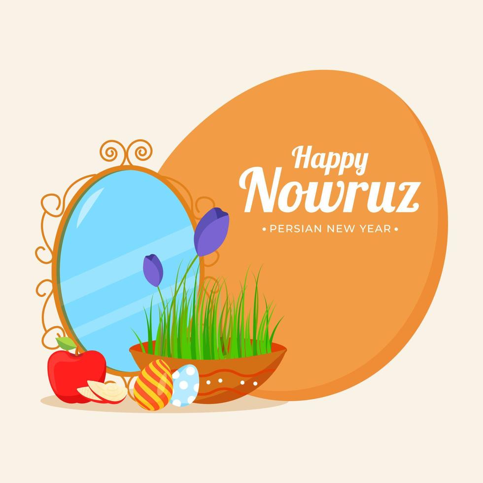Happy Nowruz, Persian New Year Poster Design with Semeni Bowl, Eggs, Apple, Flowers and Oval Mirror. vector