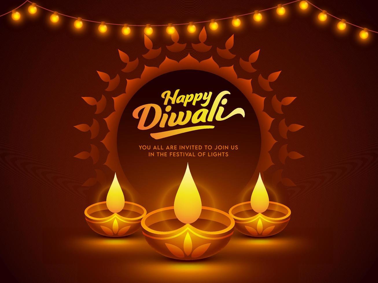 contento diwali celebracion póster diseño con iluminado petróleo lamparas y Encendiendo guirnaldas en marrón antecedentes. vector