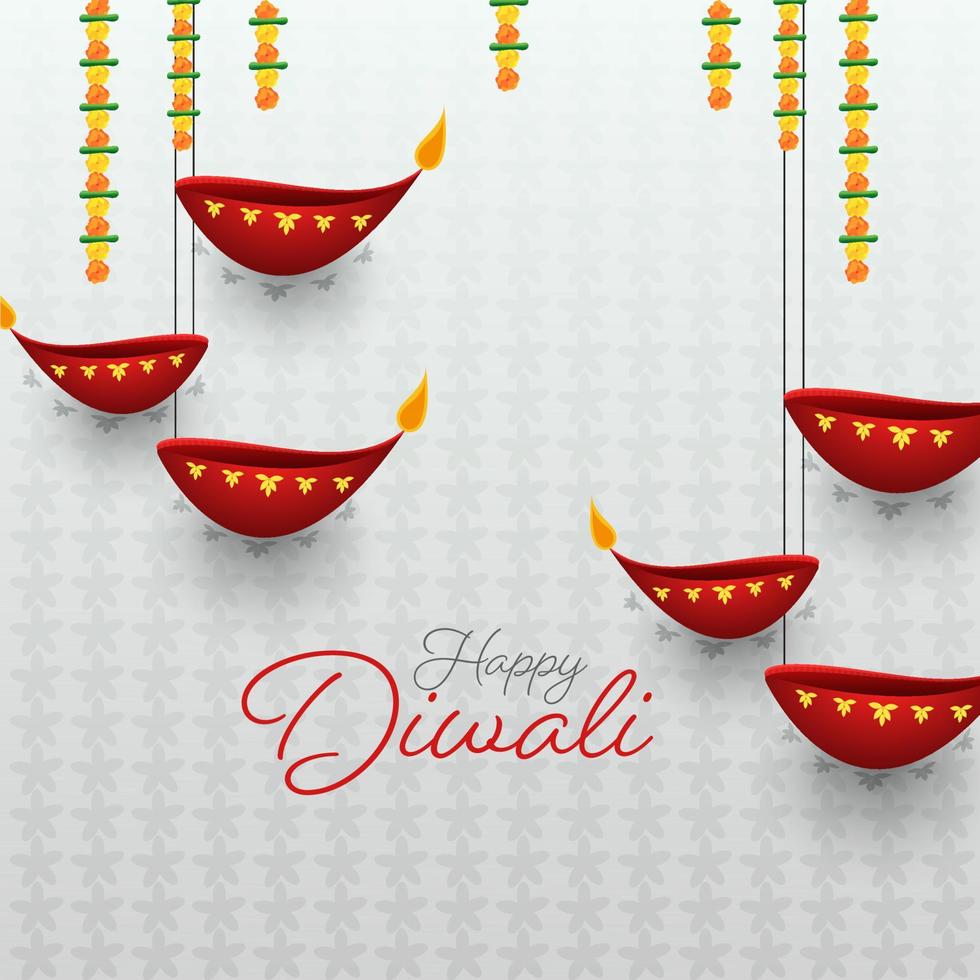 White Flower Pattern Background Decorated with Hanging Lit Oil Lamps and Floral Garland for Happy Diwali Celebration. vector