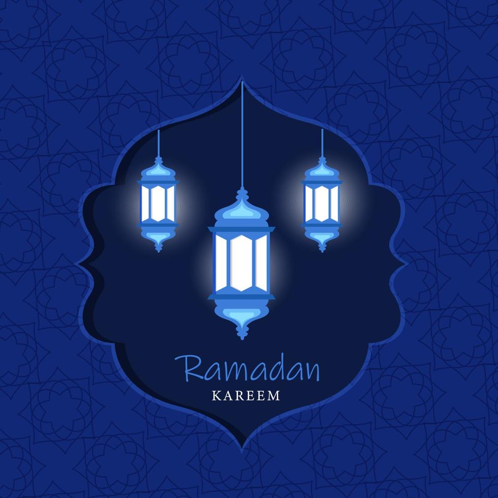 Islamic Holy Month of Ramadan Concept with Hanging Illuminated Lanterns on Blue Textured Pattern Background. vector
