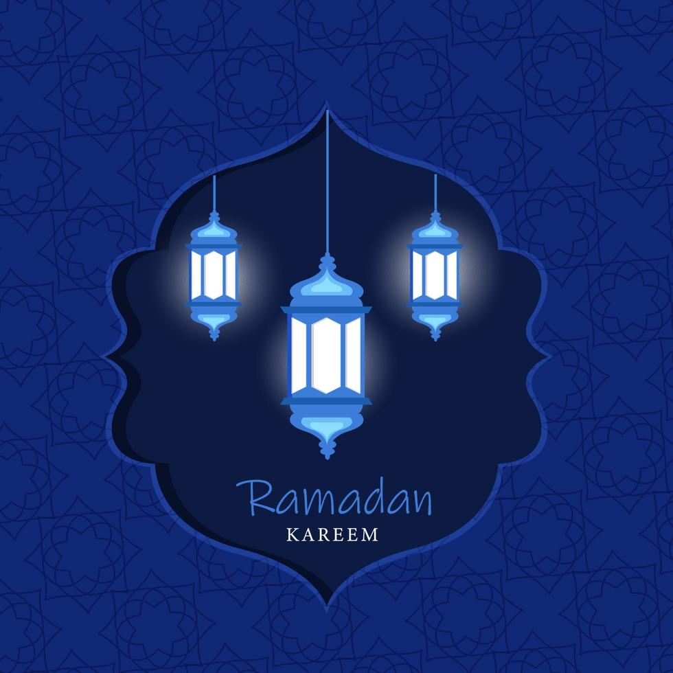 islámico santo mes de Ramadán concepto con colgando iluminado linternas en azul texturizado modelo antecedentes. vector