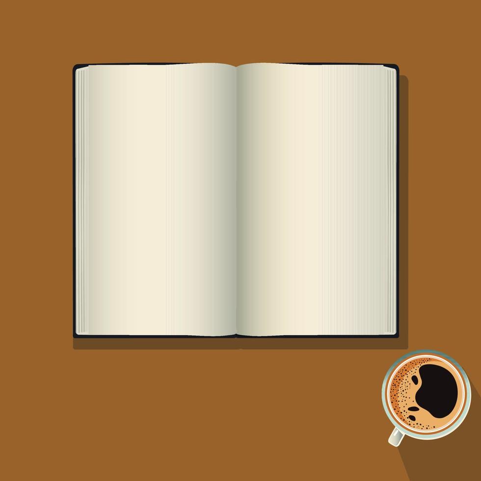 Top View of Blank Open Book With Tea Or Coffee Cup Element On Brown Background. vector