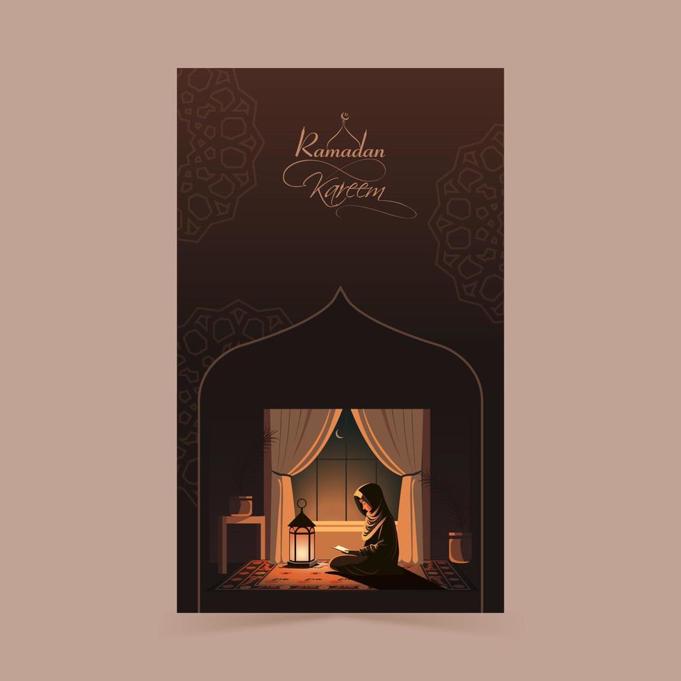 Ramadan Kareem Vertical Banner Design With Muslim Young Woman Reading Quran Book And Illuminated Arabic Lamp In Night. vector