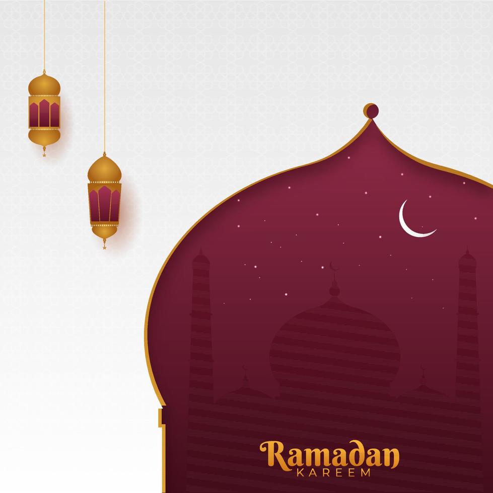 Islamic Holy Month of Ramadan Kareem Concept with Hanging Lanterns, Mosque Silhouette and Crescent Moon. vector