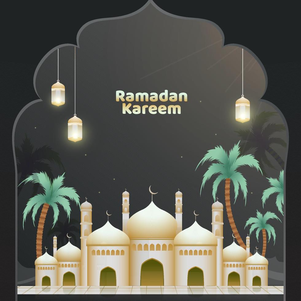 Exquisito ver de un dorado mezquita en noche, y iluminado colgando Arábica linternas para islámico santo mes de Ramadán kareem concepto. vector