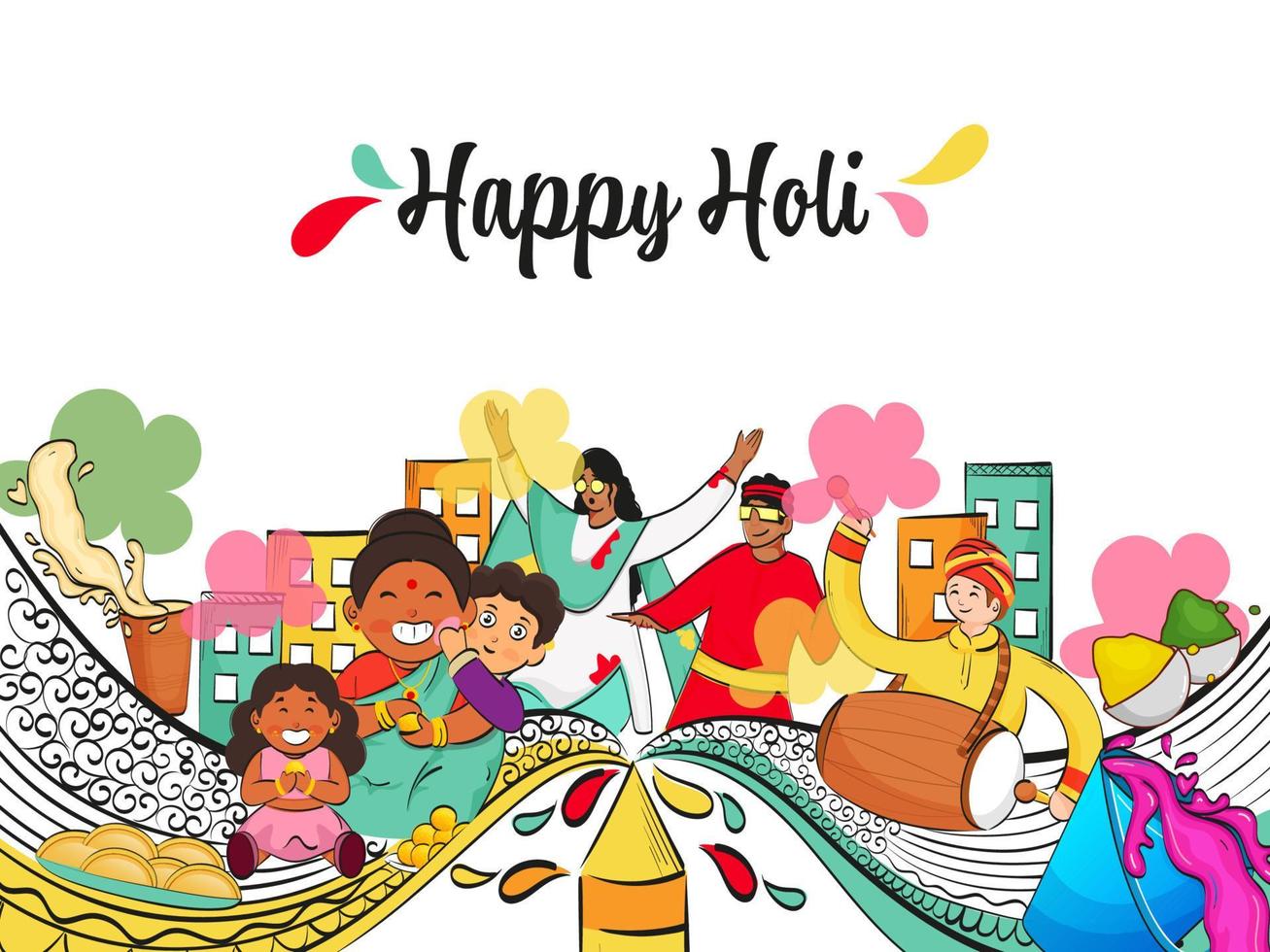 Holi Celebration Background With Indian People Characters Enjoying In Colorful Costume And Festival Elements. vector