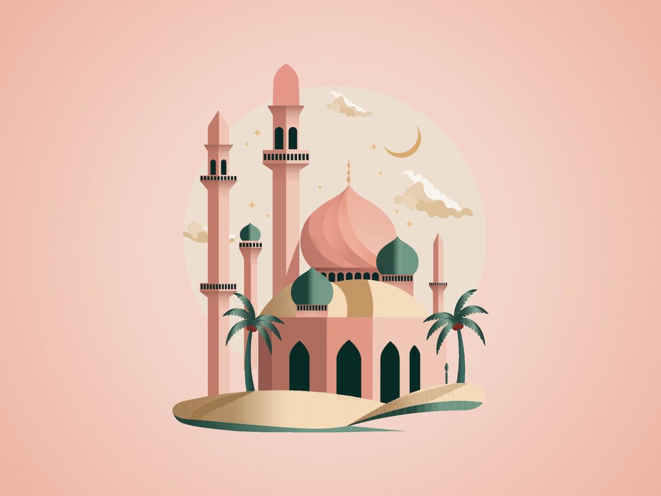 Beautiful Mosque With Coconut Trees On Crescent Moon Beige And Pink Background And Copy Space. vector