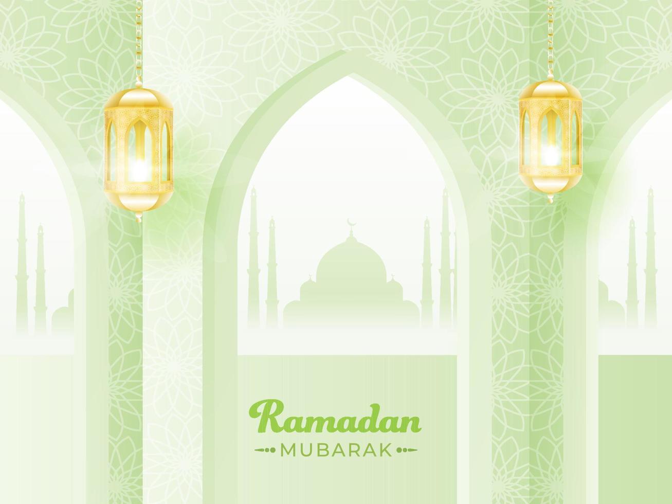 Islamic Holy Month of Ramadan Mubarak with Beautiful Mosque and Hanging Illuminated Lanterns. vector