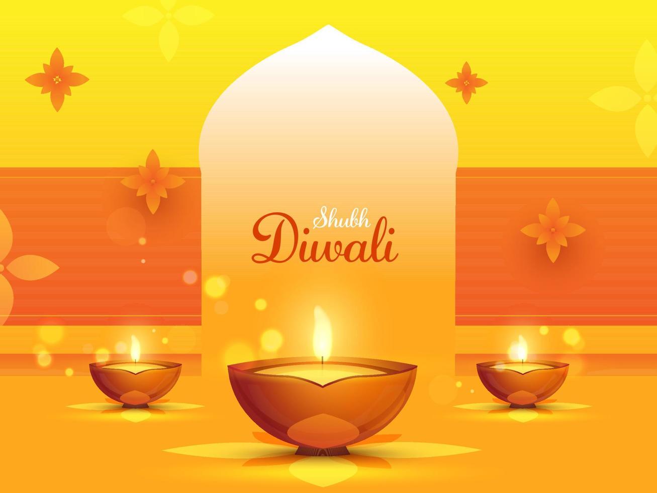 Glossy Yellow and Orange Background Decorated with Flowers and Lit Oil Lamps on the Occasion of Happy Diwali. vector