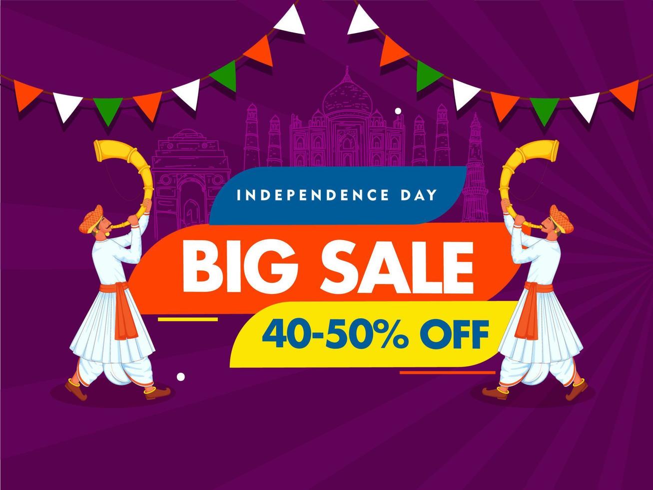 Independence Day Big Sale Poster Design with Discount Offer, Line Art India Famous Monuments and Two Men Blowing Tutari Horn on Purple Rays Background. vector