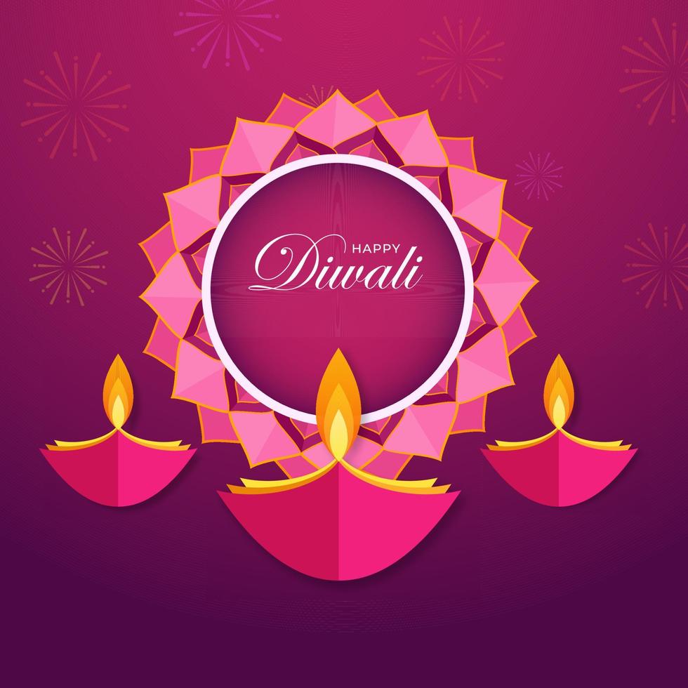 contento diwali texto en mandala marco con creativo petróleo lamparas decorado rosado y púrpura antecedentes. vector