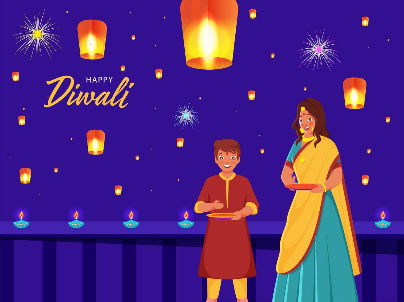 Happy Diwali Celebration Background with Indian Young Woman and Boy Holding a Plate of Lit Oil Lamp. vector