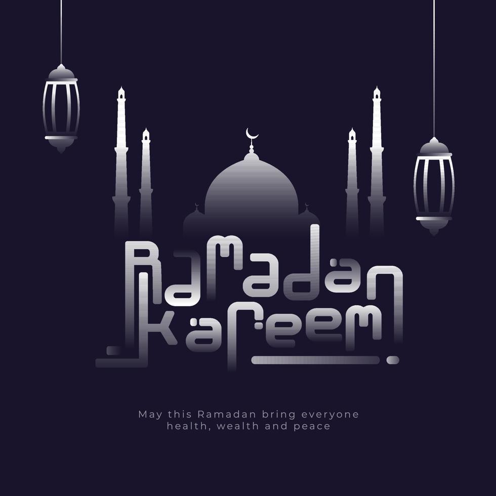 Islamic Holy Month of Ramadan Kareem Concept with Glowy Mosque, and Hanging Lanterns on Dark Purple Background. vector