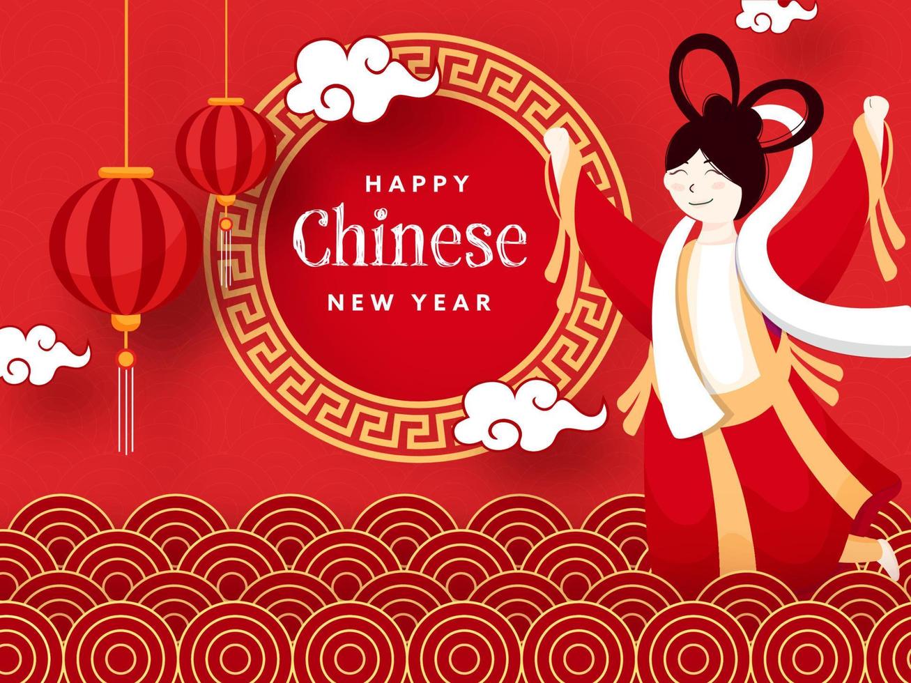 Cheerful Chinese Goddess Character with Hanging Lanterns and Circular Waves on Red Background for Happy Chinese New Year Celebration. vector