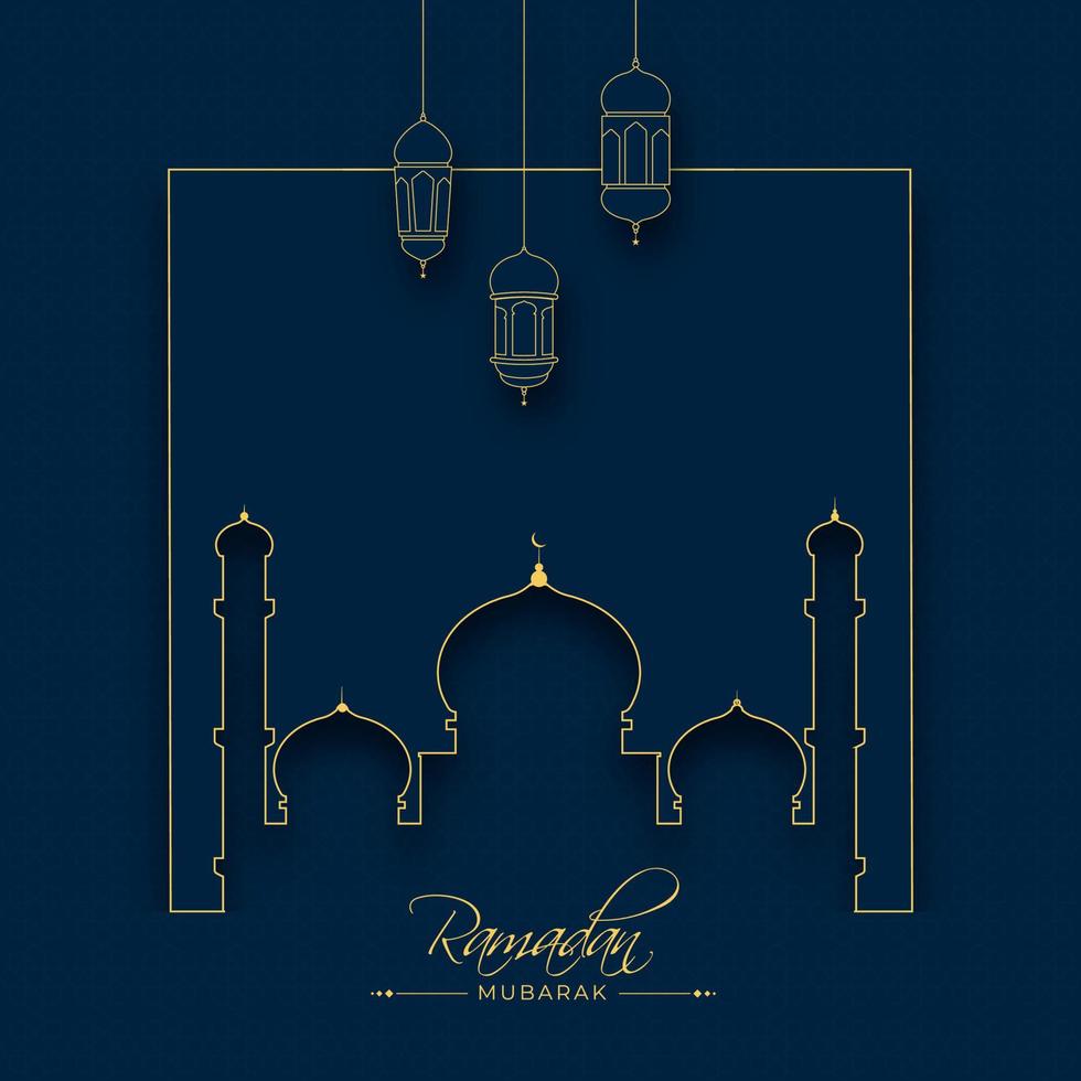 Islamic Holy Month of Ramadan Kareem with line-art lanterns and mosque on blue background. vector