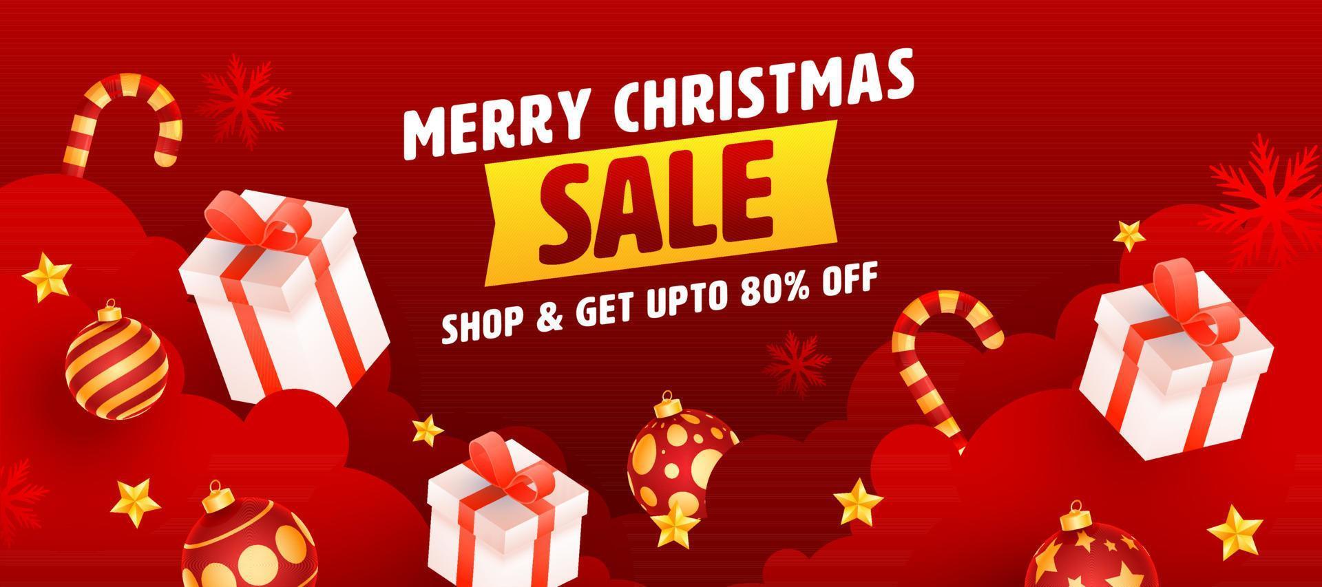 Merry Christmas Mega Sale Header Or Banner Design In Red Color With 3D Gift Boxes, Baubles, Candy Canes And Golden Stars. vector