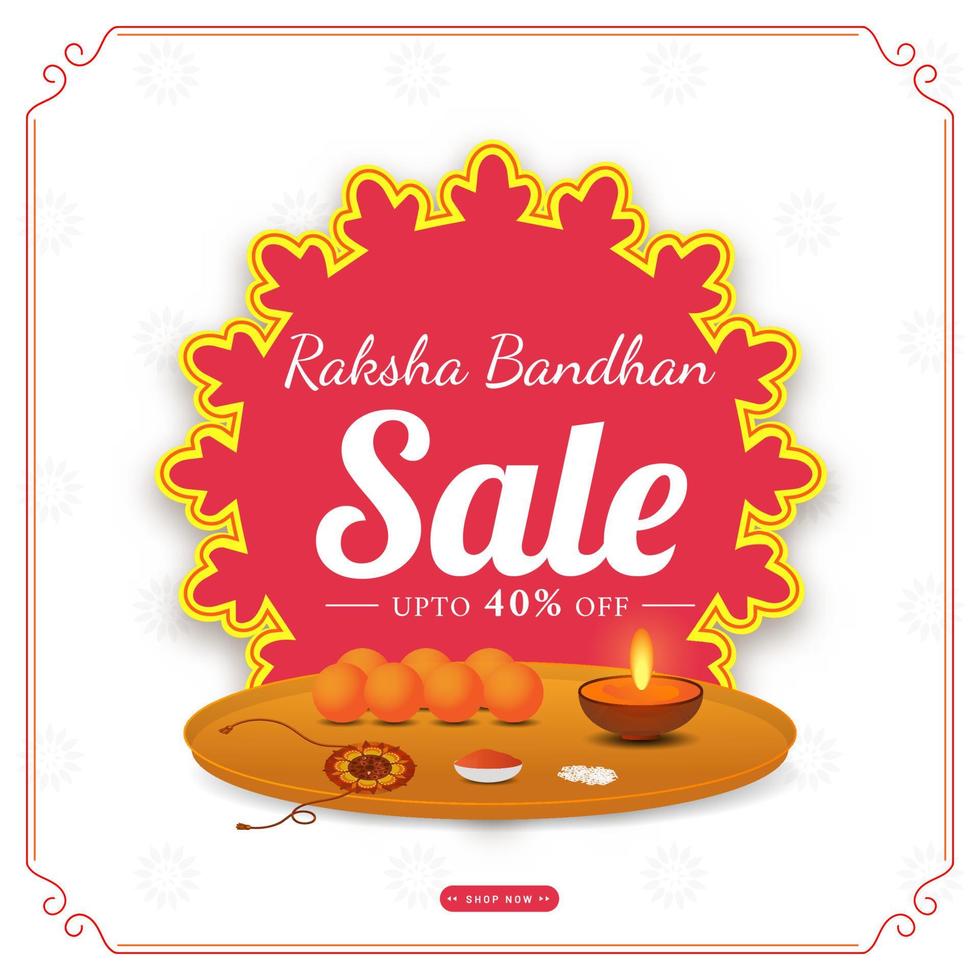 Raksha Bandhan Sale Sticker, Label with Discount Offer and Worship Plate on White Background. vector