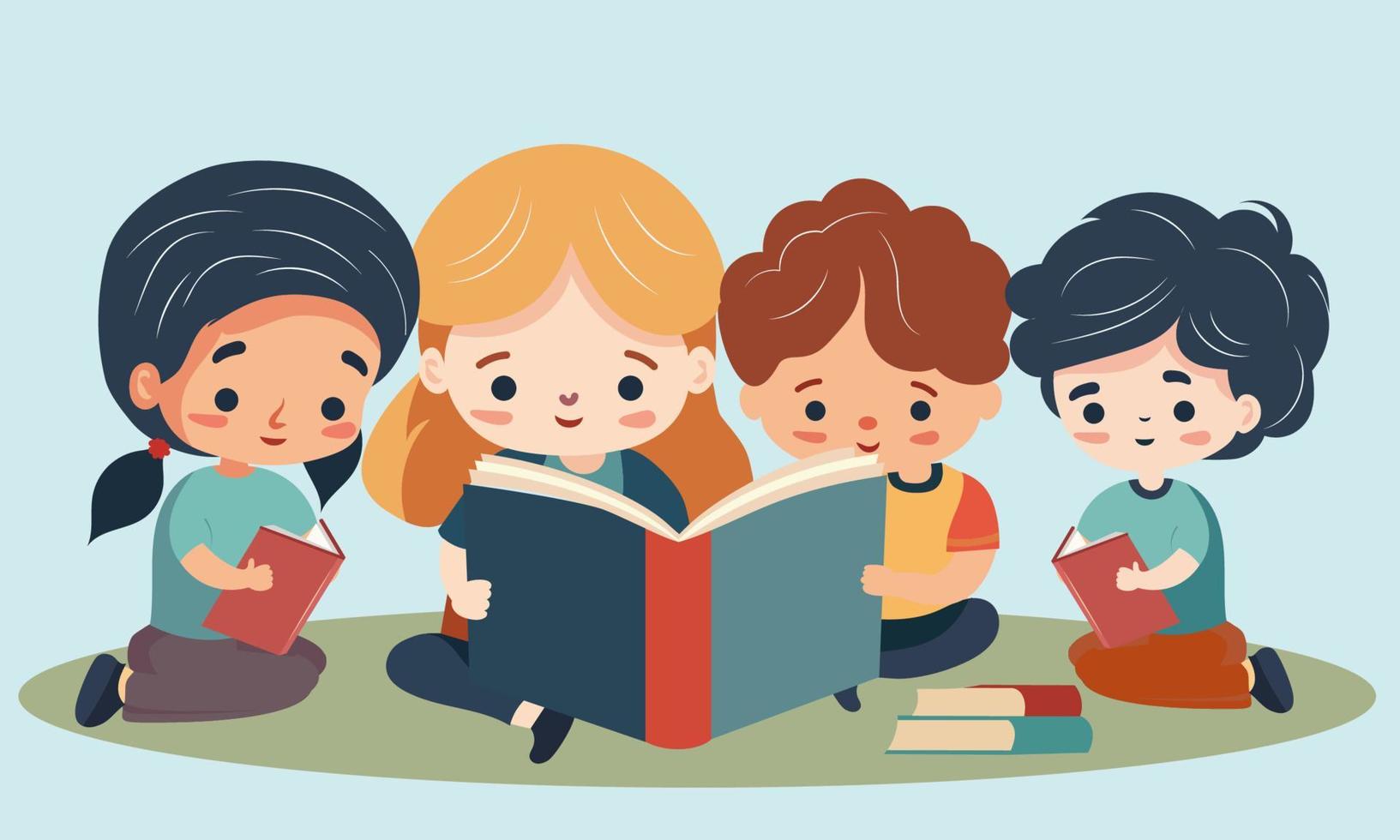 Children Characters  Reading Books Together In Sitting Pose. vector
