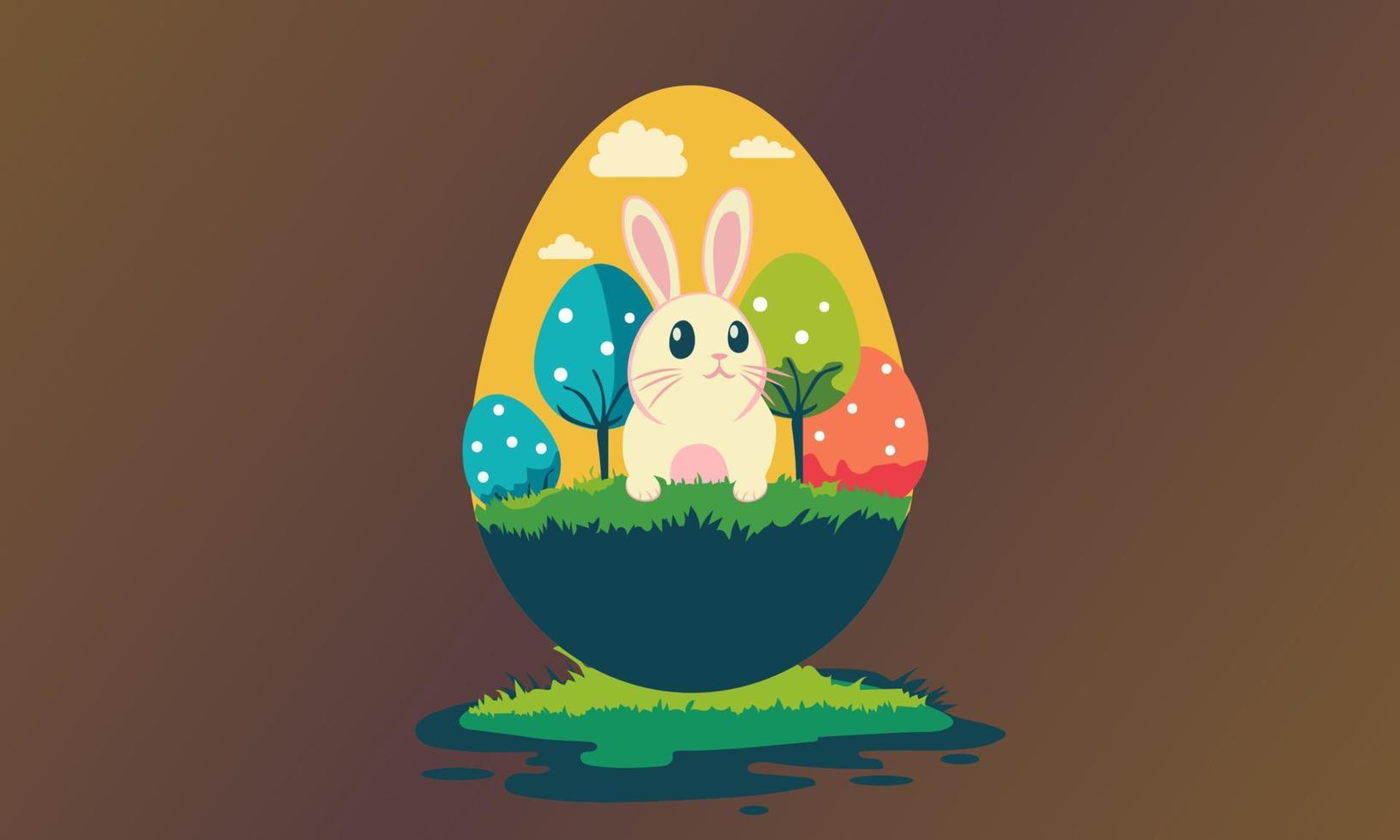 Illustration Of Cute Rabbit Character On Colorful Trees Forest Landscape Inside Egg Shape Against Brown Background And Copy Space. Happy Easter Day Concept. vector